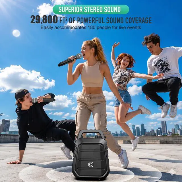 Alt view image 7 of 7 - 100W Powerful Voice Amplifier with 2 Wireless Microphones | Portable Speaker with Microphone, PA System with Sound Effects, Karaoke Machine Support BT/USB/TF Card/Aux/Guitar