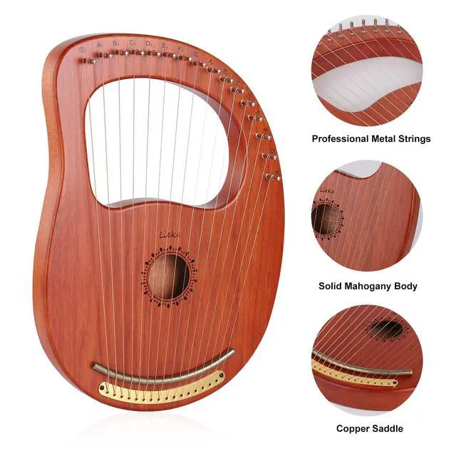 Alt view image 2 of 6 - Lyre Harp 16 Strings with Bag Tuning Wrench,Metal Strings,Mahogany Body and Copper Saddle,Professional Lyre Harp instrument Gift for Beginner Musician