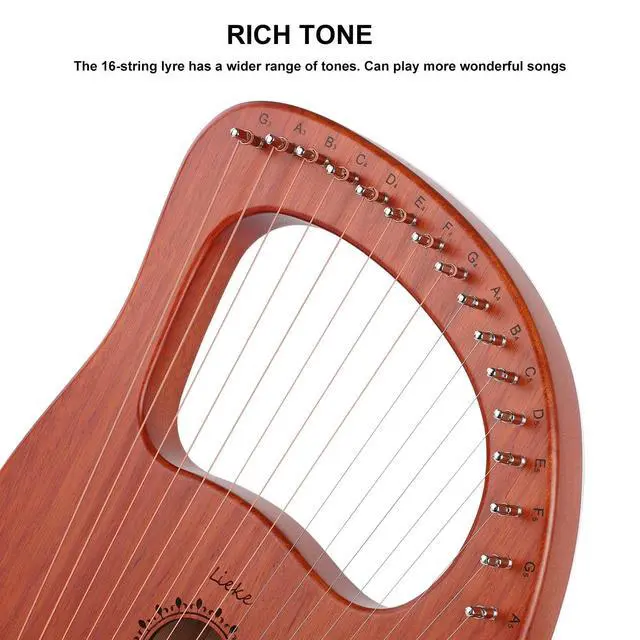Alt view image 4 of 6 - Lyre Harp 16 Strings with Bag Tuning Wrench,Metal Strings,Mahogany Body and Copper Saddle,Professional Lyre Harp instrument Gift for Beginner Musician