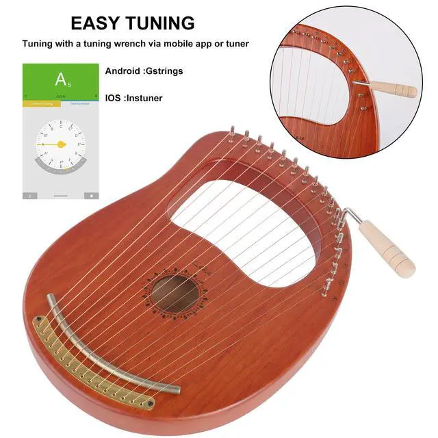 Alt view image 5 of 6 - Lyre Harp 16 Strings with Bag Tuning Wrench,Metal Strings,Mahogany Body and Copper Saddle,Professional Lyre Harp instrument Gift for Beginner Musician