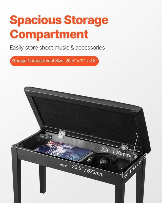 Alt view image 5 of 7 - Piano Bench, 29.5" x 14" x 19", Duet Keyboard Piano Chair with High-Density Padded Cushion, Storage Compartment for Music Books, Wooden Piano Bookcase Stool Seat, for Vanity and Living Room