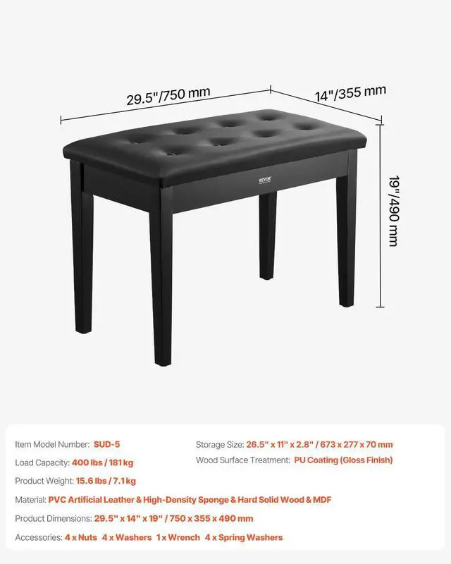 Alt view image 3 of 7 - Piano Bench, 29.5" x 14" x 19", Duet Keyboard Piano Chair with High-Density Padded Cushion, Storage Compartment for Music Books, Wooden Piano Bookcase Stool Seat, for Vanity and Living Room