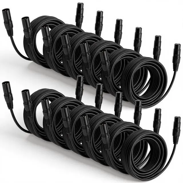 Main image of 12 Pcs 25 Feet XLR Cable, 3-Pin XLR Male to Female Premium Balanced Microphone Cable, Stage Grade All Copper Conductors for Studio DJ Podcast Mixers Mics PA Systems, Black