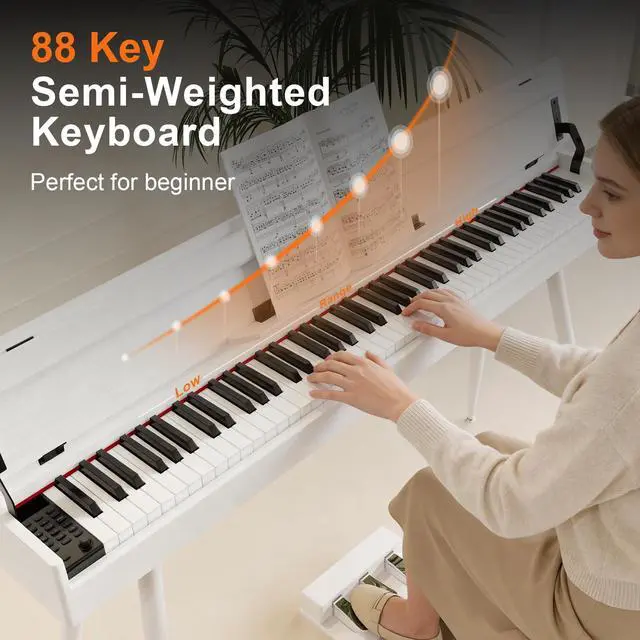 Alt view image 2 of 7 - 88 Key Full-Weighted Digital Piano - Wooden Upright Electric Keyboard with Progressive Hammer Action, 3-Pedal Unit, Stand & Headphone Jack for Beginner Adults (White)