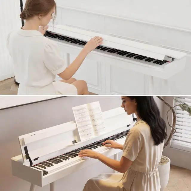 Alt view image 6 of 7 - 88 Key Full-Weighted Digital Piano - Wooden Upright Electric Keyboard with Progressive Hammer Action, 3-Pedal Unit, Stand & Headphone Jack for Beginner Adults (White)