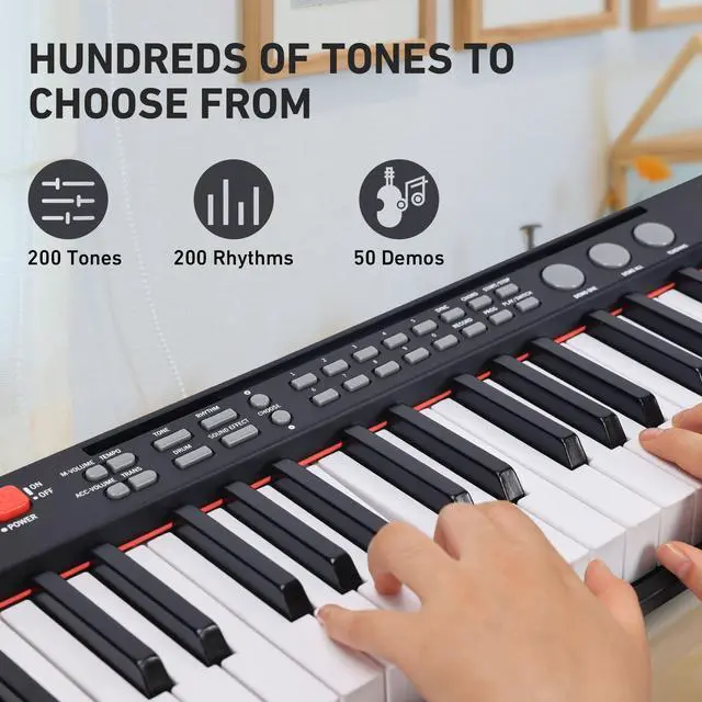 Alt view image 3 of 7 - 61 Key Keyboard Piano, Complete Electronic Piano Keyboard Set for Beginners Adults, Portable Music Keyboard with Lighted Keys, Teaching Modes, Stand, Case, Microphone (Black)