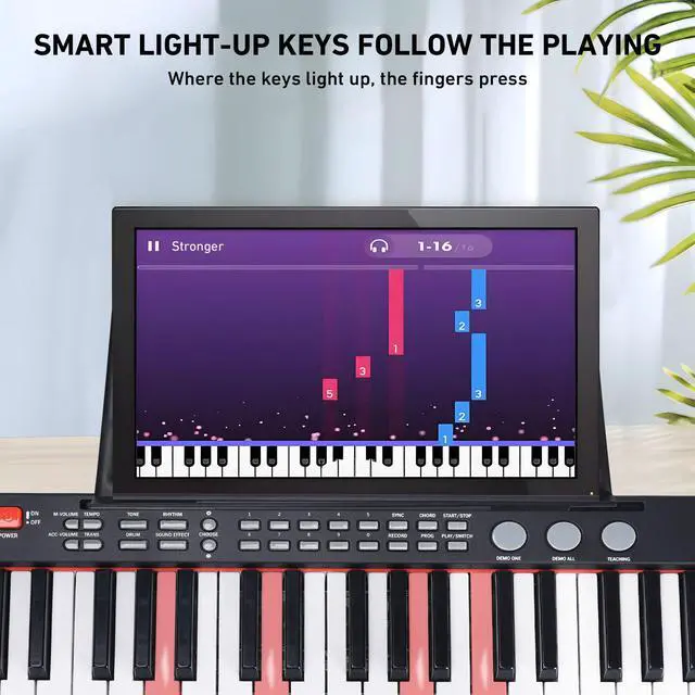 Alt view image 5 of 7 - 61 Key Keyboard Piano, Complete Electronic Piano Keyboard Set for Beginners Adults, Portable Music Keyboard with Lighted Keys, Teaching Modes, Stand, Case, Microphone (Black)