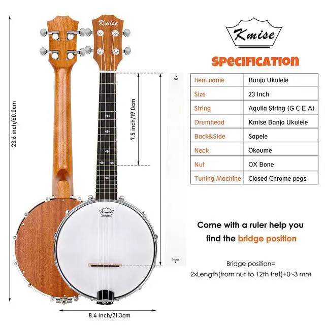 Alt view image 5 of 7 - Banjolele 4 String Banjo Ukulele 23 Inch Concert Size with Bag Tuner Strap Strings Pickup Picks Ruler Wrench Bridge