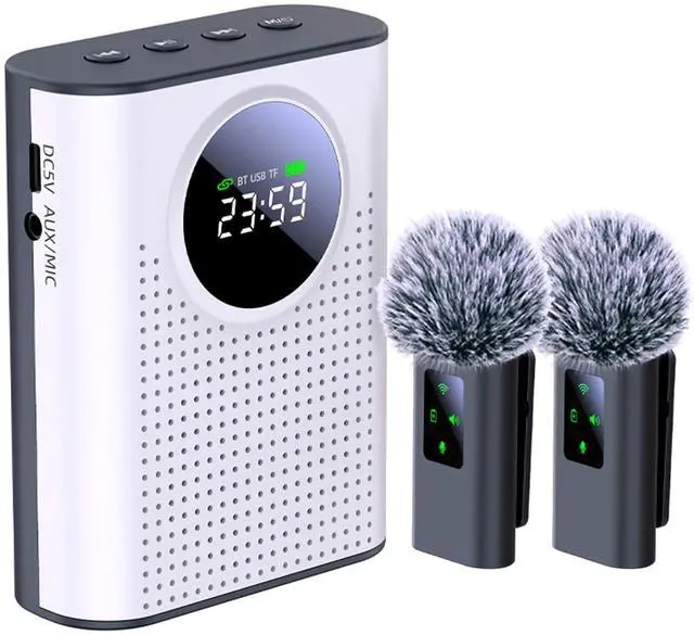 Main image of S67 Voice Amplifier Wireless Microphone Dual for Teachers Classroom Rechargeable, Mini Lavalier Lapel Mic, Portable Speaker PA System with LED Display for Class, Tour Guide, Coaches, White