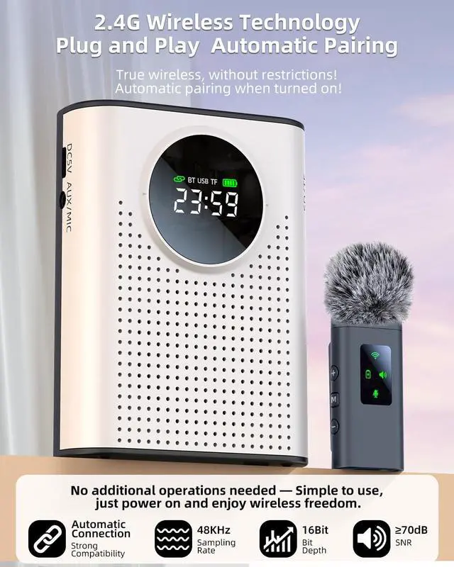 Alt view image 4 of 7 - S67 Rechargeable Voice Amplifier Wireless Microphone Dual for Teachers Classroom, Mini Lavalier Lapel Mic Clip Magnetic, Bluetooth Speaker with LED Display for Class, Tour Guide, Coaches, White