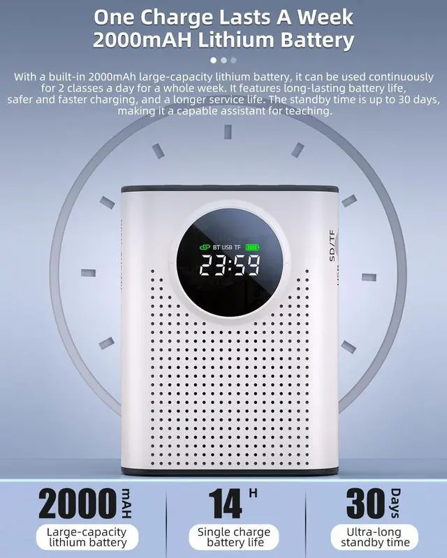 Alt view image 5 of 7 - S67 Rechargeable Voice Amplifier Wireless Microphone Dual for Teachers Classroom, Mini Lavalier Lapel Mic Clip Magnetic, Bluetooth Speaker with LED Display for Class, Tour Guide, Coaches, White