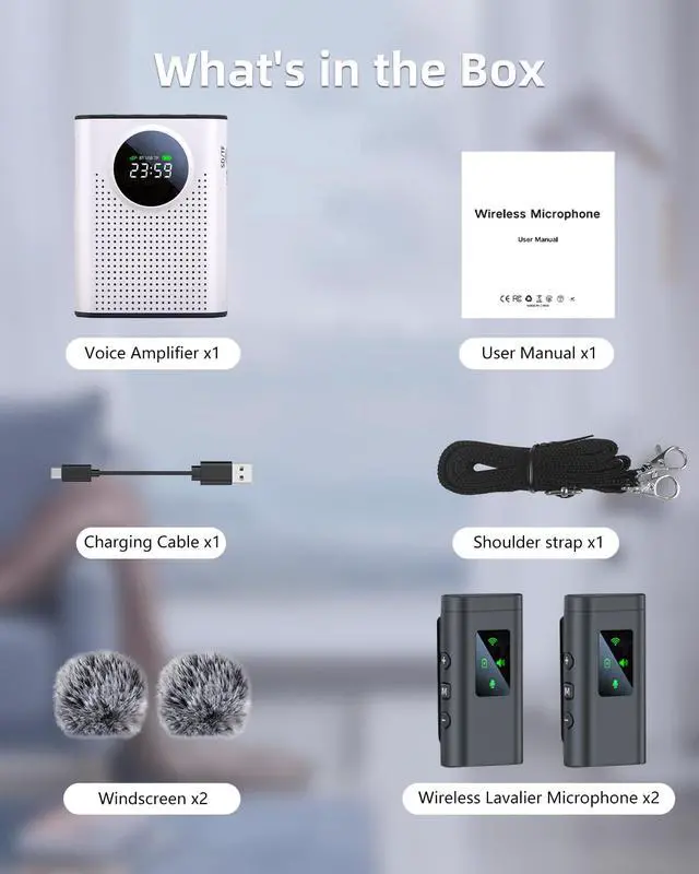 Alt view image 7 of 7 - S67 Rechargeable Voice Amplifier Wireless Microphone Dual for Teachers Classroom, Mini Lavalier Lapel Mic Clip Magnetic, Bluetooth Speaker with LED Display for Class, Tour Guide, Coaches, White