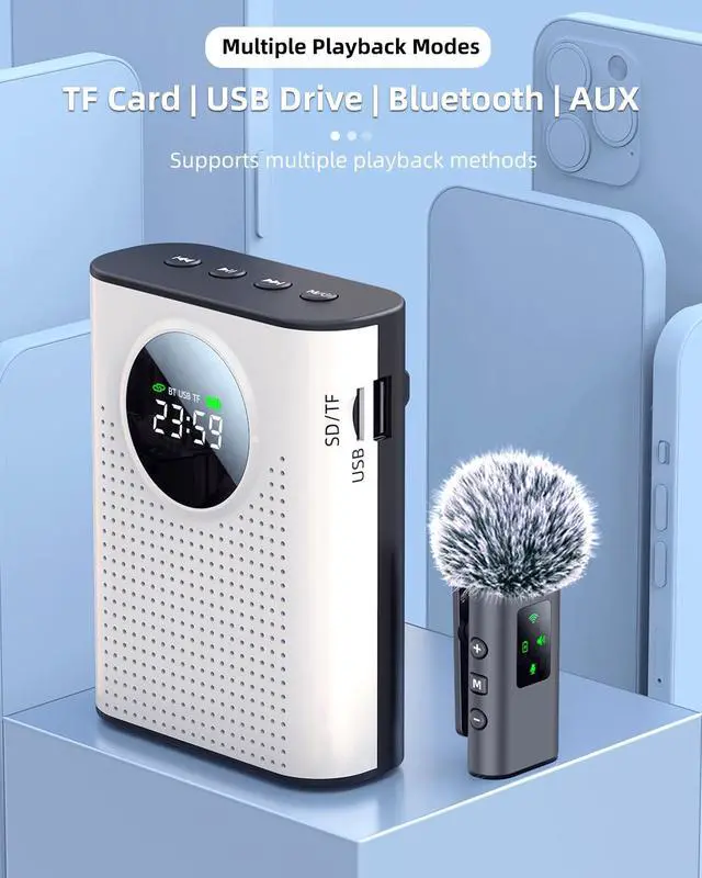Alt view image 6 of 7 - S67 Voice Amplifier Wireless Microphone Dual for Teachers Classroom Rechargeable, Mini Lavalier Lapel Mic, Portable Speaker PA System with LED Display for Class, Tour Guide, Coaches, White