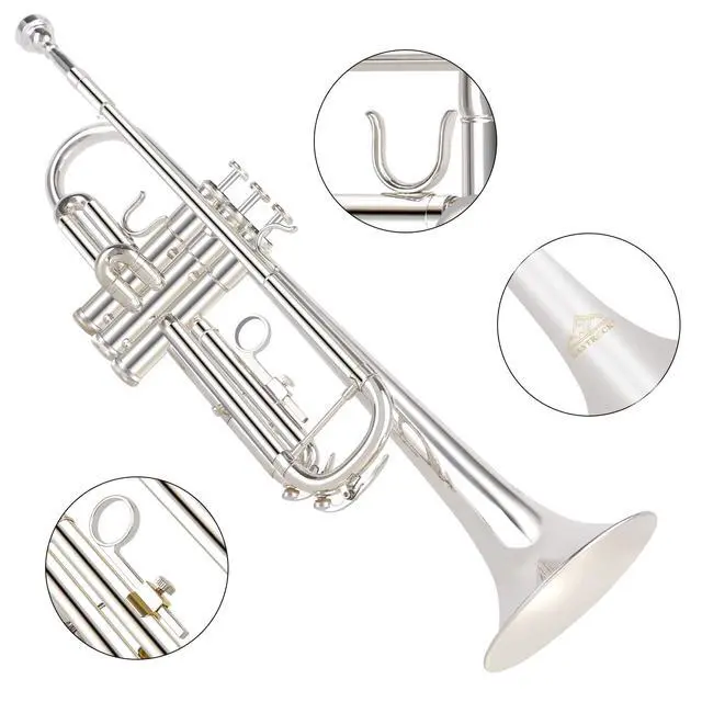 Alt view image 4 of 7 - Bb Trumpet Standard Trumpet Set with Carrying Case,Gloves, 7C Mouthpiece, Tuning Rod (Silver)