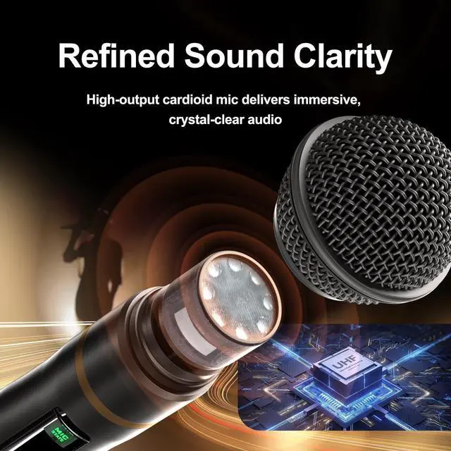 Alt view image 2 of 7 - Dual-Channel Wireless Microphone System, 2 Handheld Mics | 200 Selectable UHF Frequencies, Auto Scan, 328 ft Range, XLR and 6.35 mm Outputs for Karaoke, Church and DJ
