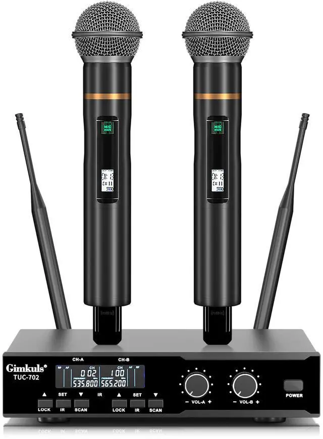 Main image of Dual-Channel Wireless Microphone System, 2 Handheld Mics | 200 Selectable UHF Frequencies, Auto Scan, 328 ft Range, XLR and 6.35 mm Outputs for Karaoke, Church and DJ