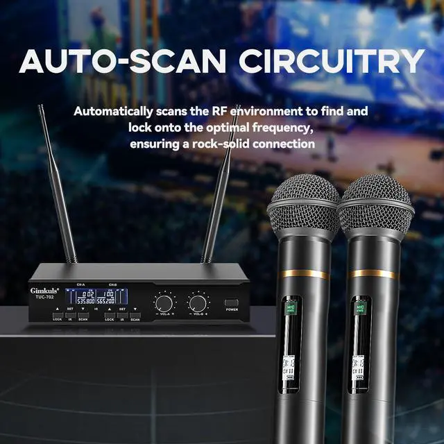 Alt view image 4 of 7 - Dual-Channel Wireless Microphone System, 2 Handheld Mics | 200 Selectable UHF Frequencies, Auto Scan, 328 ft Range, XLR and 6.35 mm Outputs for Karaoke, Church and DJ