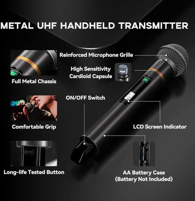 Alt view image 3 of 7 - Dual-Channel Wireless Microphone System, 2 Handheld Mics | 200 Selectable UHF Frequencies, Auto Scan, 328 ft Range, XLR and 6.35 mm Outputs for Karaoke, Church and DJ