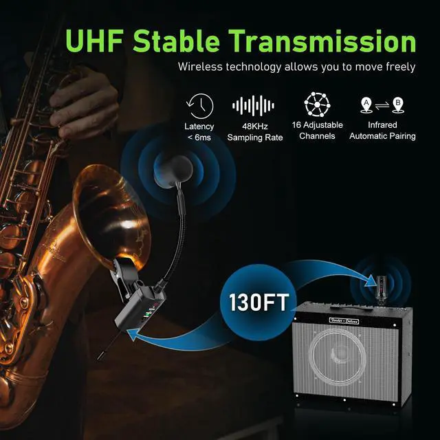 Alt view image 2 of 7 - UHF Wireless Saxophone Microphone System Wireless Transmitter and Receiver Clip-on Instrument Microphones & Systems Mic for Trumpet, Sax, Musician, Active PA Systems, ST-5