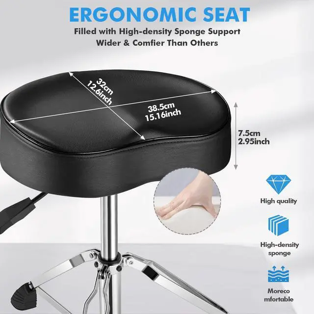 Alt view image 4 of 6 - Saddle Drum Stool, Heavy Duty Hydraulic Drum Throne, Ergonomic Memory Foam Drum Seat, Adjustable Drum Chair Anti-Slip Base, Drum Saddle Bench for Drummers (Black)