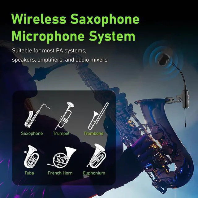 Alt view image 4 of 7 - UHF Wireless Saxophone Microphone System Wireless Transmitter and Receiver Clip-on Instrument Microphones & Systems Mic for Trumpet, Sax, Musician, Active PA Systems, ST-5
