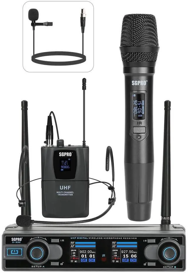 Main image of D-332HB Dual UHF Wireless Microphone System, Handheld and Bodypack | Handheld, head-worn and lavalier mics, Karaoke, DJ, church, classroom, live performance and PA systems