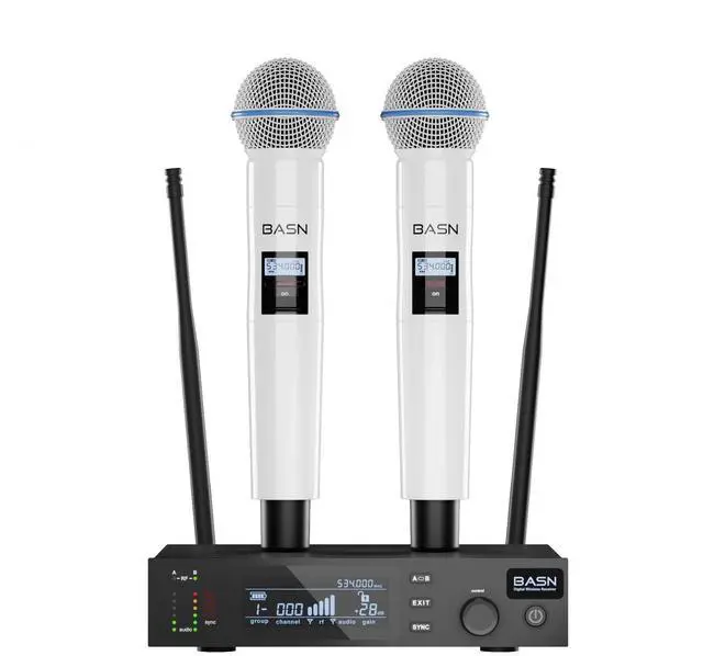 Main image of BASN UHF Dual Channel Handheld Wireless Microphone System (White) | Handheld Mics for Stage, Karaoke, Weddings, DJ, and Events