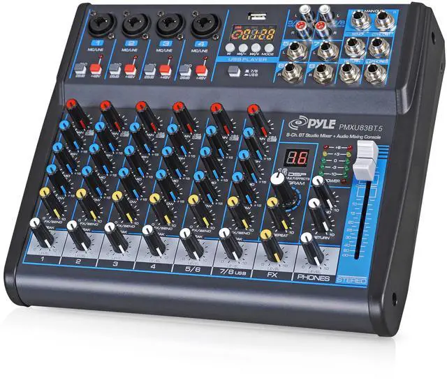 Main image of 8 Channel Bluetooth Studio Mixer - USB Computer Recording, Built-In MP3 Player, 48V Phantom Power, 16-Bit DSP FX, 3-Band EQ, XLR Combo Inputs, DJ Sound Board - PMXU83BT.5