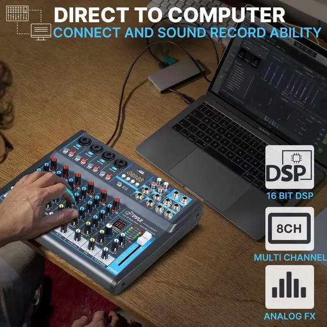 Alt view image 4 of 7 - 8 Channel Bluetooth Studio Mixer - USB Computer Recording, Built-In MP3 Player, 48V Phantom Power, 16-Bit DSP FX, 3-Band EQ, XLR Combo Inputs, DJ Sound Board - PMXU83BT.5