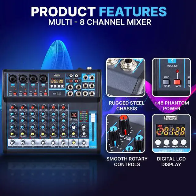 Alt view image 6 of 7 - 8 Channel Bluetooth Studio Mixer - USB Computer Recording, Built-In MP3 Player, 48V Phantom Power, 16-Bit DSP FX, 3-Band EQ, XLR Combo Inputs, DJ Sound Board - PMXU83BT.5
