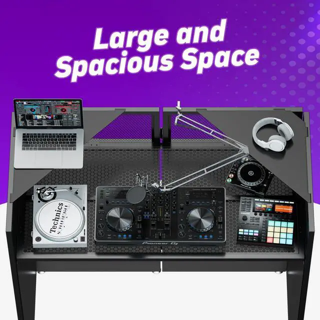Alt view image 2 of 7 - Portable DJ Booth, Metal Frame DJ Table with Two Triangle Trays | Tool-Free Quick Assembly; Adjustable Support Feet; Cable Hole; Carry Bag; For Parties/ Events/Small Studios;Weighs 36.8lbs