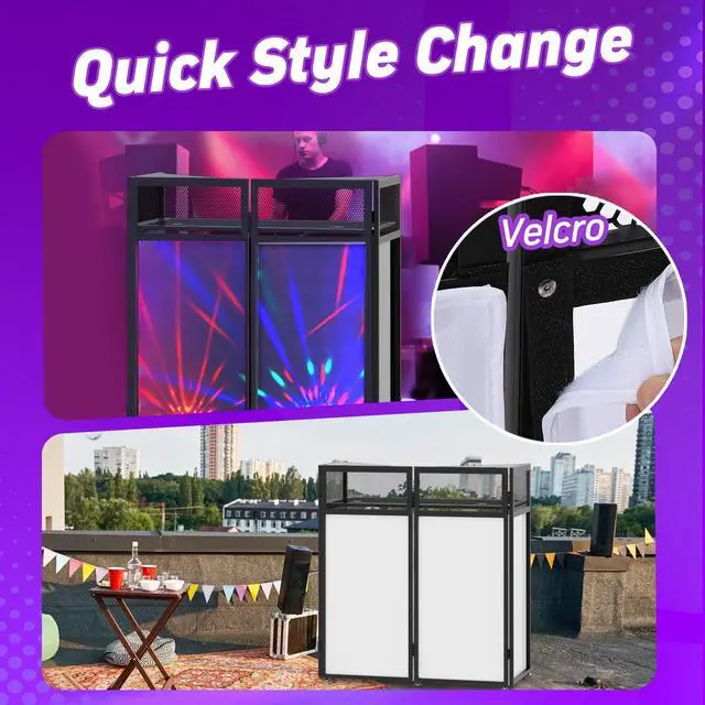 Alt view image 4 of 7 - Portable DJ Booth, Metal Frame DJ Table with Two Triangle Trays | Tool-Free Quick Assembly; Adjustable Support Feet; Cable Hole; Carry Bag; For Parties/ Events/Small Studios;Weighs 36.8lbs
