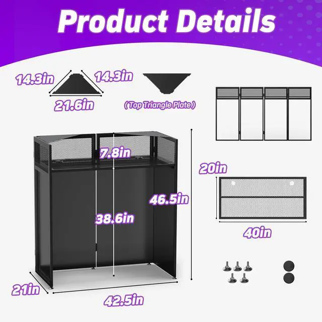 Alt view image 5 of 7 - Portable DJ Booth, Metal Frame DJ Table with Two Triangle Trays | Tool-Free Quick Assembly; Adjustable Support Feet; Cable Hole; Carry Bag; For Parties/ Events/Small Studios;Weighs 36.8lbs