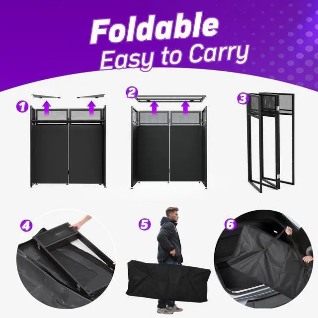 Alt view image 6 of 7 - Portable DJ Booth, Metal Frame DJ Table with Two Triangle Trays | Tool-Free Quick Assembly; Adjustable Support Feet; Cable Hole; Carry Bag; For Parties/ Events/Small Studios;Weighs 36.8lbs