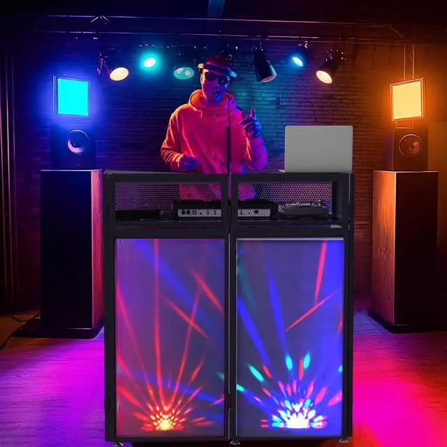 Alt view image 7 of 7 - Portable DJ Booth, Metal Frame DJ Table with Two Triangle Trays | Tool-Free Quick Assembly; Adjustable Support Feet; Cable Hole; Carry Bag; For Parties/ Events/Small Studios;Weighs 36.8lbs