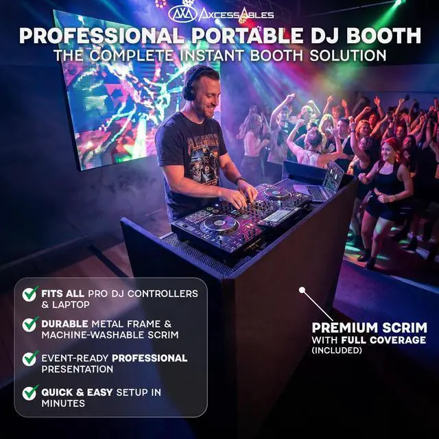 Alt view image 2 of 7 - AxcessAbles Portable DJ Facade Booth with Carry Case 40" x 20" Tabletop, Steel Frame, and Black & White Scrims | White DJ Table | Event Booth (ES-01XBW)