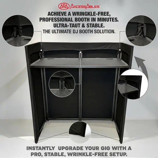 Alt view image 3 of 7 - AxcessAbles Portable DJ Facade Booth with Carry Case 40" x 20" Tabletop, Steel Frame, and Black & White Scrims | White DJ Table | Event Booth (ES-01XBW)