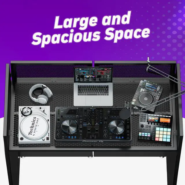 Alt view image 3 of 7 - Portable DJ Booth, Metal Frame DJ Table, 40" x 20" Tabletop | Tool-Free Quick Assembly; Adjustable Support Feet; Cable Hole; Carry Bag; For Parties/ Events/Small Studios;Weighs 36.8lbs