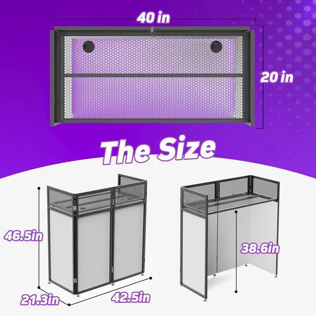 Alt view image 5 of 7 - Portable DJ Booth, Metal Frame DJ Table, 40" x 20" Tabletop | Tool-Free Quick Assembly; Adjustable Support Feet; Cable Hole; Carry Bag; For Parties/ Events/Small Studios;Weighs 36.8lbs