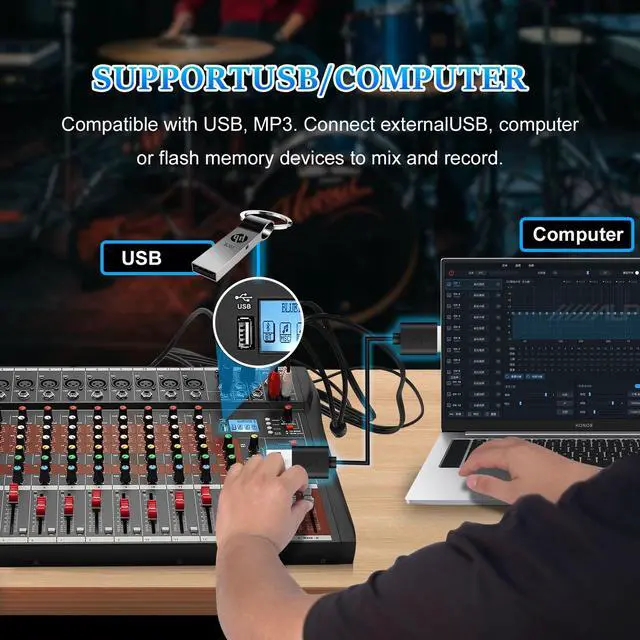Alt view image 4 of 7 - 12 Channel Mixer Audio Console, CT-120S Professional Music Mixer DJ Mixing Board with Reverb Bluetooth MP3 Player 48V Phantom Power Supply USB Recording for Studio Karaoke Live Performance