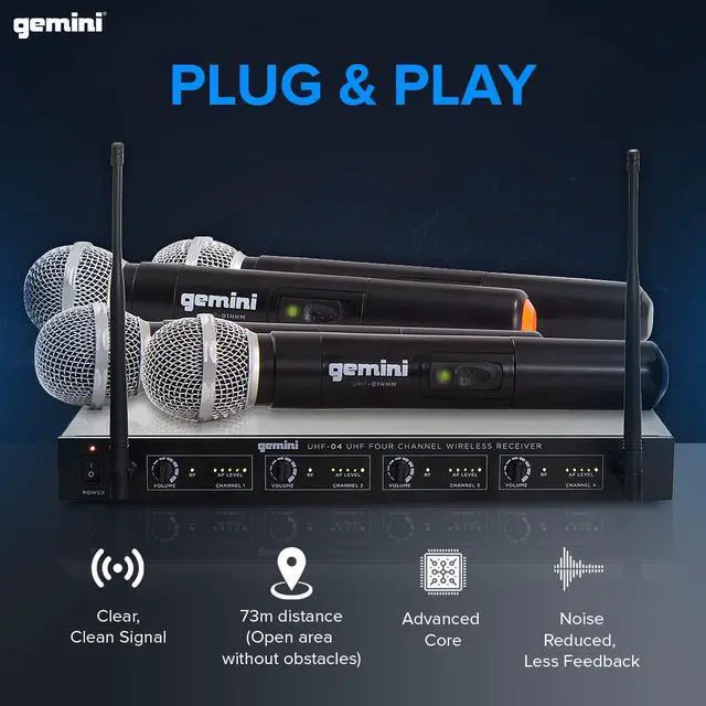 Alt view image 2 of 7 - 4-Mic UHF Wireless Handheld Microphone System (UHF-04M) | 4-mic UHF handheld system, 517-537 MHz - 150 ft range - compact receiver - for events & entertainment