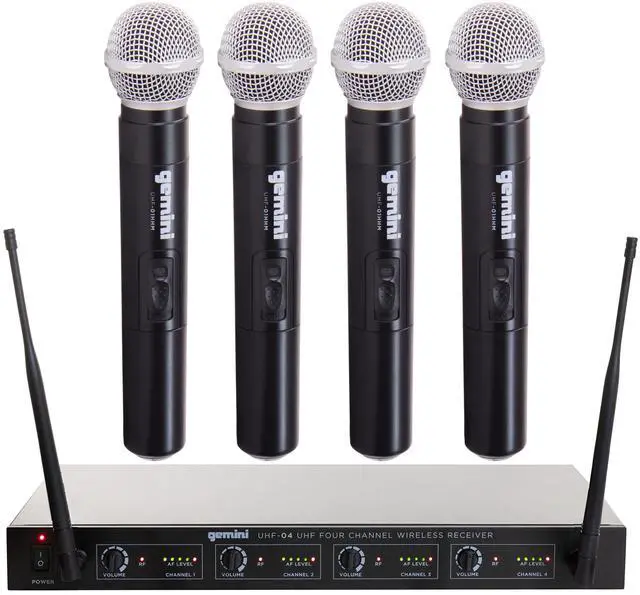 Main image of 4-Mic UHF Wireless Handheld Microphone System (UHF-04M) | 4-mic UHF handheld system, 517-537 MHz - 150 ft range - compact receiver - for events & entertainment