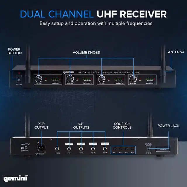 Alt view image 5 of 7 - 4-Mic UHF Wireless Handheld Microphone System (UHF-04M) | 4-mic UHF handheld system, 517-537 MHz - 150 ft range - compact receiver - for events & entertainment