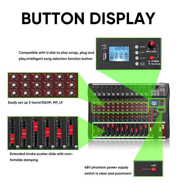 Alt view image 7 of 7 - 12 Channel Mixer Audio Console, CT-120S Professional Music Mixer DJ Mixing Board with Reverb Bluetooth MP3 Player 48V Phantom Power Supply USB Recording for Studio Karaoke Live Performance