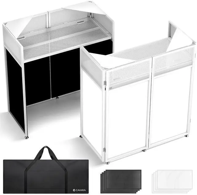 Main image of DJ Booth Stand Portable - DJ Table Facade with Black & White Scrims DJ Stand Foldable for Laptop & Controller Double Top Corners, Storage Bag, Cable Holes, 40"L x 20"W, White