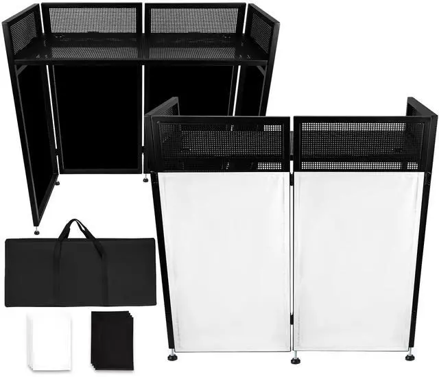 Main image of DJ Booth Table Station 48"x24"x44",Larger DJ Facade Booth | Black & White Scrims, Detachable 48"x24" DJ Table, Carrying Bag, Foldable Metal Frame DJ Panel for Show, Party, Gathering