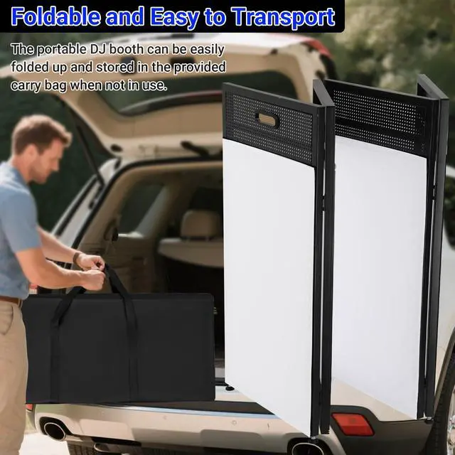 Alt view image 6 of 7 - DJ Booth Table Station 48"x24"x44",Larger DJ Facade Booth | Black & White Scrims, Detachable 48"x24" DJ Table, Carrying Bag, Foldable Metal Frame DJ Panel for Show, Party, Gathering