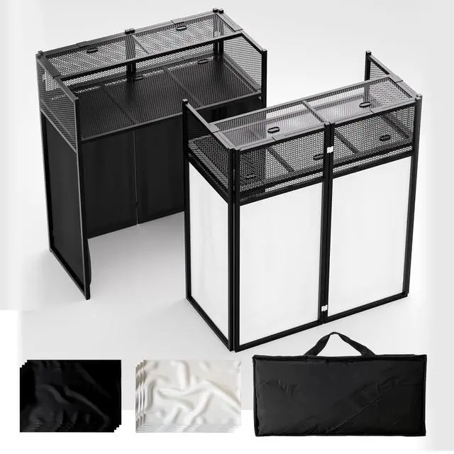 Main image of Portable DJ Booth Table,Foldable DJ Table Stand with White & Black Scrim,Adjustable DJ Facade Booth Station Metal Frame with Cable Hole for Private Events, Clubs, Bars (40x20 Double Deck)