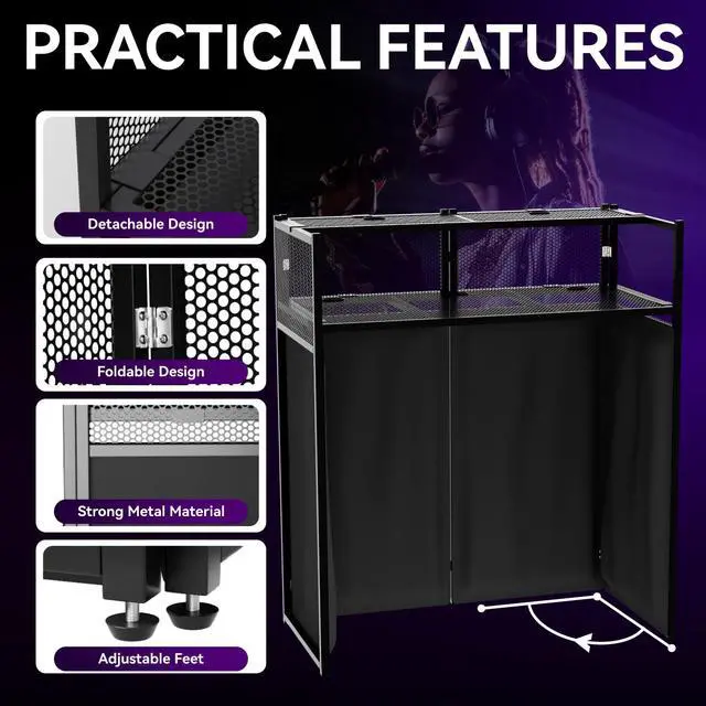 Alt view image 2 of 7 - Portable DJ Booth Table,Foldable DJ Table Stand with White & Black Scrim,Adjustable DJ Facade Booth Station Metal Frame with Cable Hole for Private Events, Clubs, Bars (40x20 Double Deck)