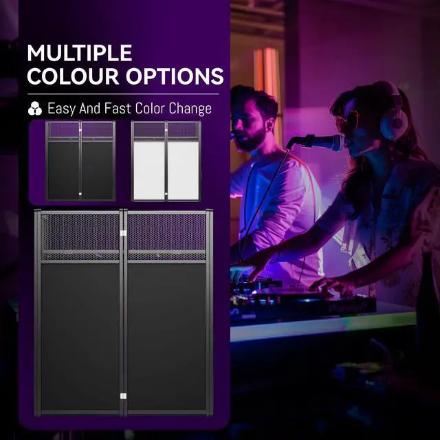Alt view image 3 of 7 - Portable DJ Booth Table,Foldable DJ Table Stand with White & Black Scrim,Adjustable DJ Facade Booth Station Metal Frame with Cable Hole for Private Events, Clubs, Bars (40x20 Double Deck)